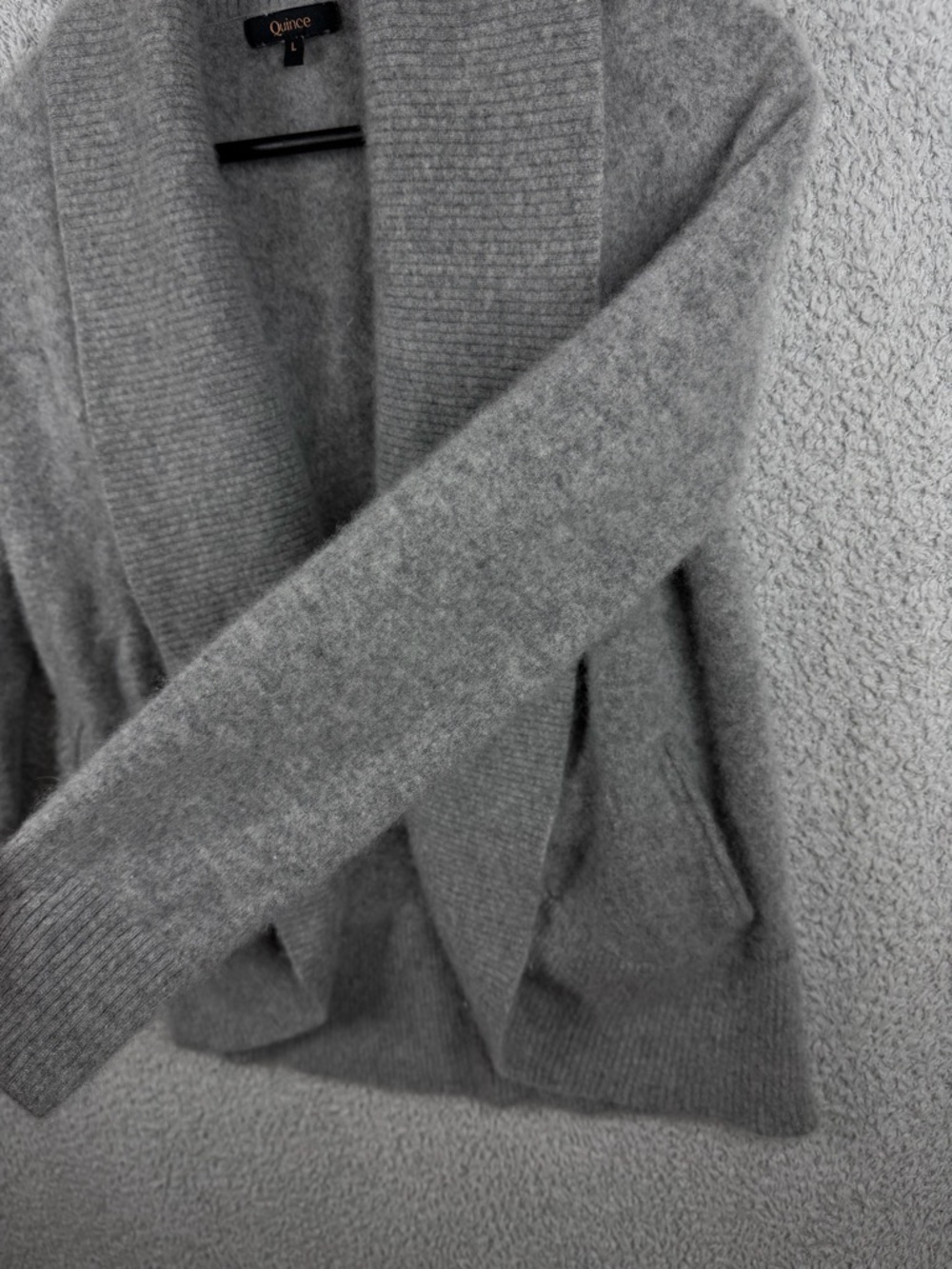 Quince Cashmere Open-Front Shawl Collar Sweater Cardigan w Pockets- Light Gray - Picture 4 of 9